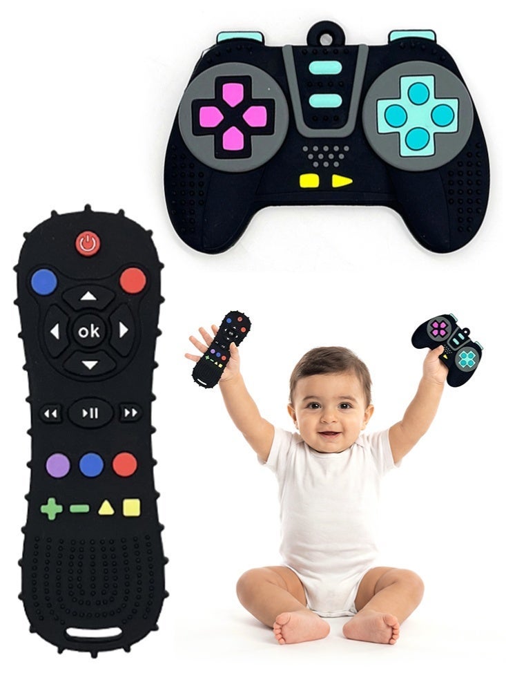 BBMORE 2 Pack Baby Teether Toy, Chew Toy, TV Remote Control and Game Remote Controller Shape with Popper Buttons Relief, Teething Relief Baby Toy For Infants Baby 6 Months+, Sensory Toys for Baby, Silicone, BPA-Free(Black) - Image 1